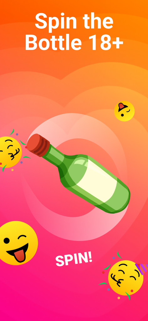 Spin the Bottle 18 plus party game interface with a green bottle and spin button