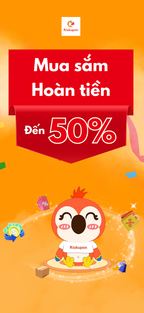 Riokupon : Cashback & Reward - Riokupon mobile app screen featuring up to 50 percent cashback on online shopping with a cute bird mascot.