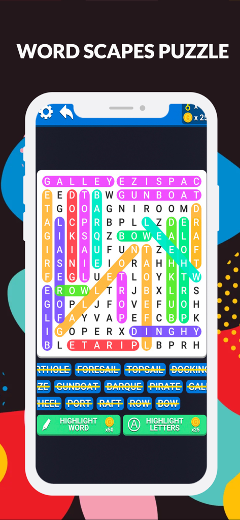 Word Search : Crossword Master - Gameplay screenshot of Word Search Crossword Master showing a letter grid with found nautical words highlighted in multiple colors.