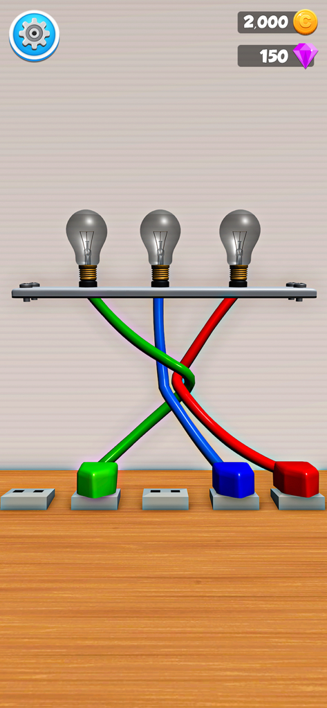 Untie Tangled Wires Puzzle - A puzzle level with tangled colored wires and lightbulbs
