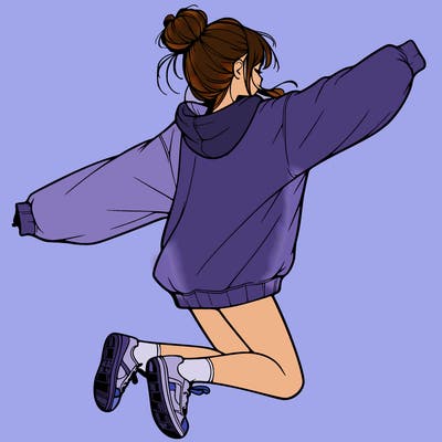 realistic girl jumping with a bun and oversized sweatshirt