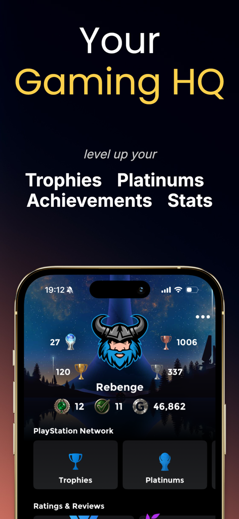 Area X - Trophies, Gaming News - Area X app user profile dashboard showing PlayStation trophies and Xbox achievements statistics on an iPhone