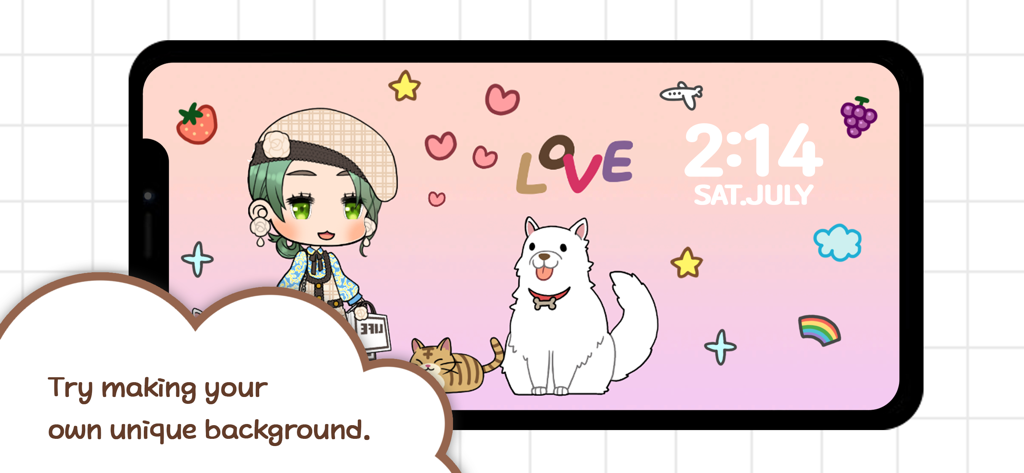 Character Life: Anime Dress up - Ein süßer Anime-Charakter mit Hund und Katze auf einem personalisierten Hintergrund