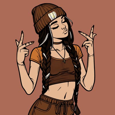 realistic teenage girl with braids and a beanie and crop top doing 🫶🏼