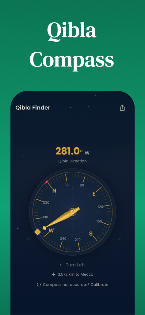 Qibla direction: Mecca compass - A dark themed mobile app interface featuring a precise digital Qibla compass pointing towards Mecca