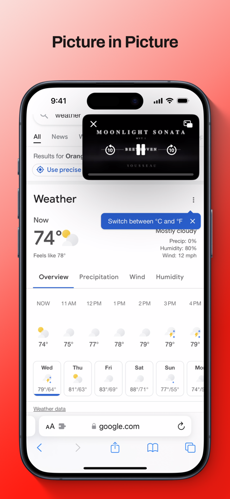 A smartphone showing a YouTube video in picture in picture mode over a web browser displaying weather results.