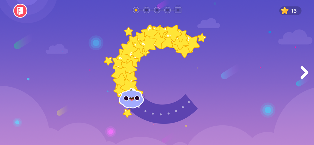 Ein Lernspielbildschirm für Kleinkinder, der das Nachzeichnen des Buchstabens C mit leuchtenden gelben Sternen zeigt.