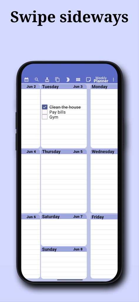 Weekly Planner: To-Do & Tasks - Interfaz de la aplicación Weekly Planner que muestra una cuadrícula de días con una lista de verificación de tareas