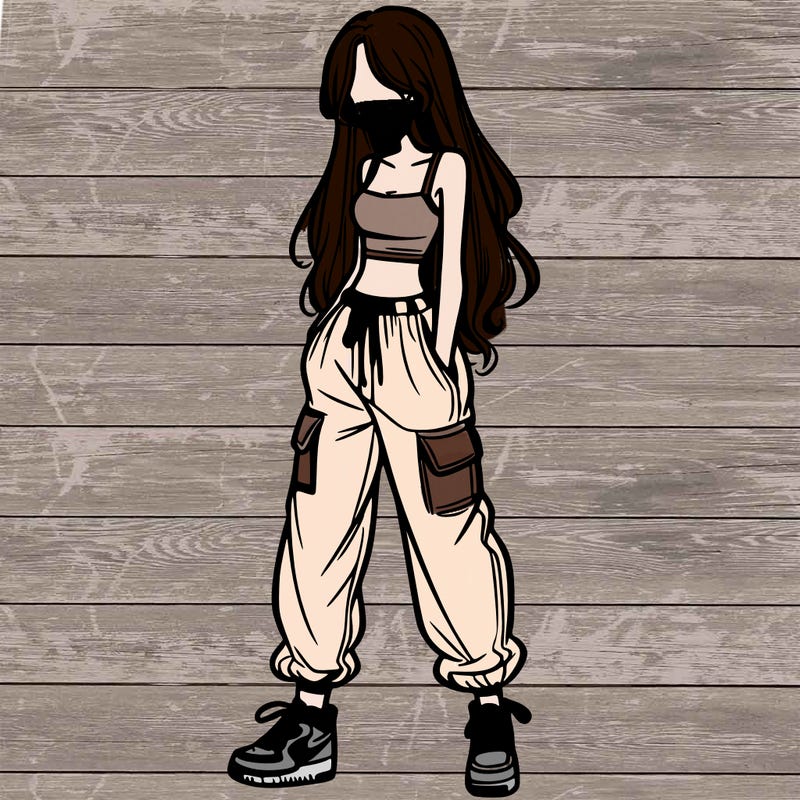 girl in baggy pants crop top and long hair