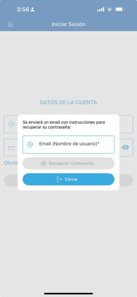 Ventana emergente de recuperación de contraseña en la pantalla de inicio de sesión de la app móvil CEPM