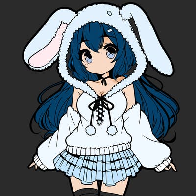 pretty anime girl wearing a fluffy hoodie with bunny ears on the hood and a skirt