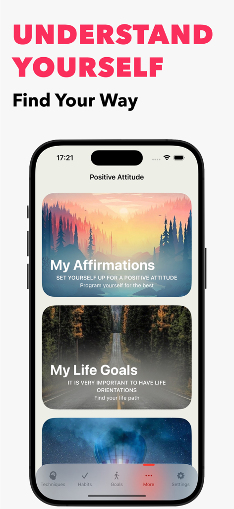 iHappy - Personal Happy Diary - iHappy app screen displaying options for affirmations and life goals to help users understand themselves.