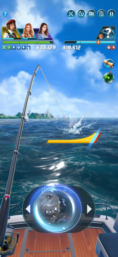 Gameplay screen of Ace Fishing Crew featuring a 3D fishing simulation with crew characters