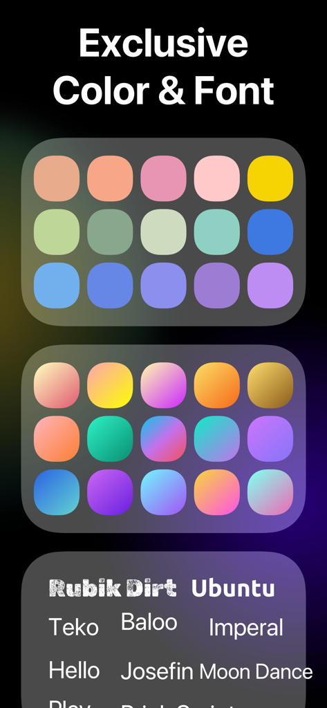 Lock Screen Widgets 16-Widget - A menu showing various solid and gradient color palettes along with different artistic font styles for widget customization.