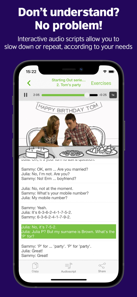 Interface of the LearnEnglish Videos app showing a video lesson with a highlighted interactive audio script
