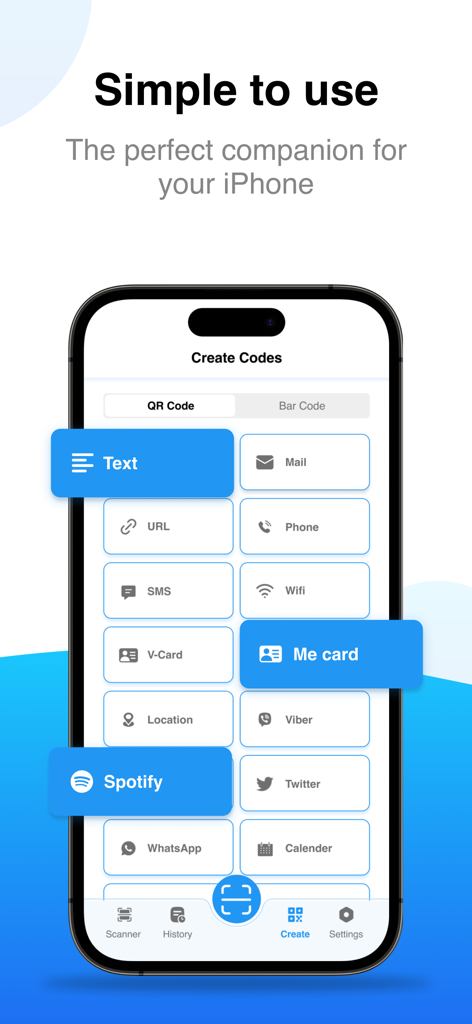 Interface of the QR Scanner app showing various options to create custom QR codes for text, WiFi, and social media platforms