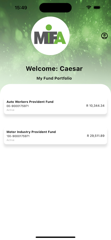 MIFA - MIFA app dashboard displaying retirement fund balances for a user's motor industry provident funds