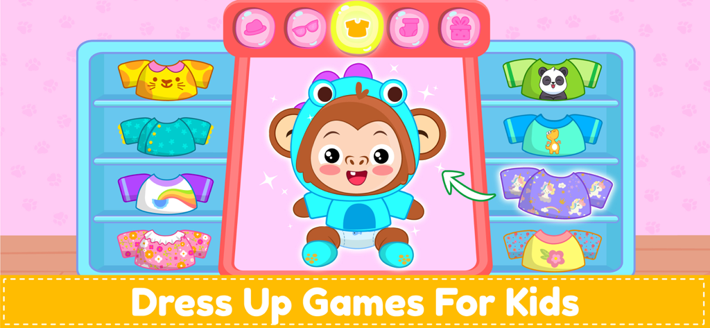 Baby Pet Care Games & Dress up - Monkey character in a blue frog costume inside a dress up game for kids