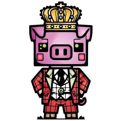 a pig minecraft character with a suit on and a crown and his name is techno blade