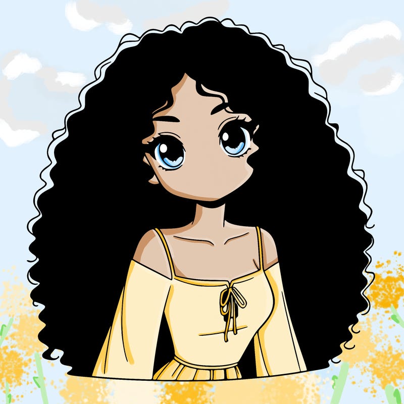 a black anime girl with long afro hair