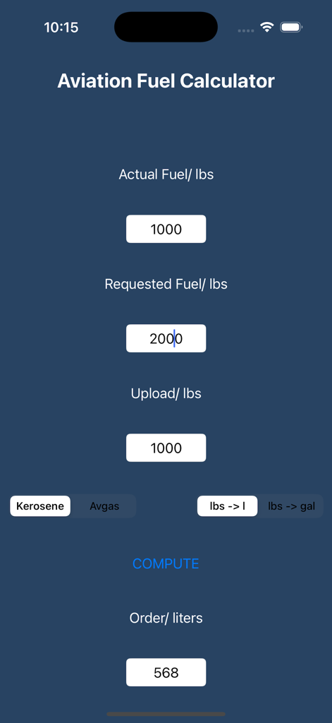 Aviation Fuel Calculator - Interface of the Aviation Fuel Calculator app displaying fuel uplift and conversion from pounds to liters for kerosene