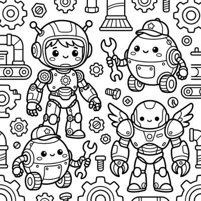 Dive into a charming world where rugged industrial cyborgs are transformed with an irresistible Kawaii twist. This unique coloring page offers a delightful blend of mechanical marvels and adorable characters.