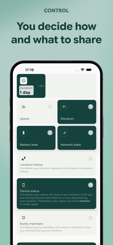 Paralino: Secure Phone Tracker - Paralino app interface showing granular privacy controls for sharing location data like battery level and elevation