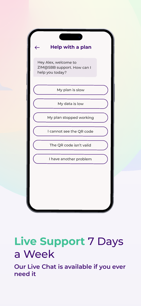 ZIM@SBB: eSIM Data Plans - Smartphone screen showing the ZIM@SBB app live chat support interface with common troubleshooting options for eSIM users