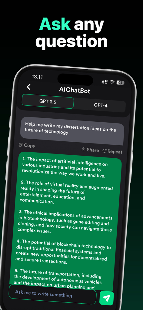 AI Smart ChatBot: Ask Anything - AI Smart ChatBot interface on an iPhone displaying a list of generated dissertation ideas about technology.