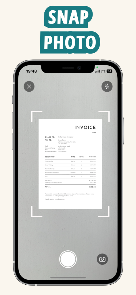 A smartphone screen scanning an invoice to convert it into a PDF document.