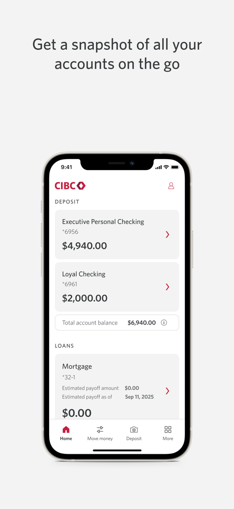 CIBC US Mobile Banking app home screen showing personal checking accounts and mortgage details