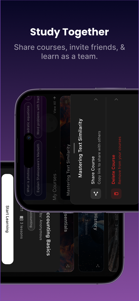 Tela de smartphone do aplicativo Lumi mostrando o recurso Estudar Juntos, que permite aos alunos compartilhar cursos e aprender com amigos.