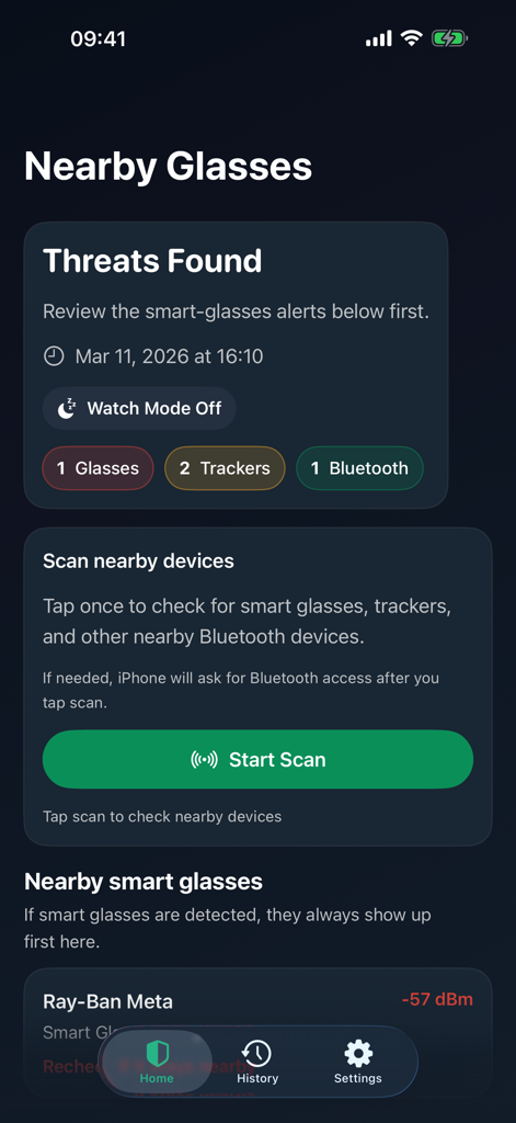 Nearby Glasses Scanner - User interface of Nearby Glasses Scanner showing detected smart glasses alerts and a scan button