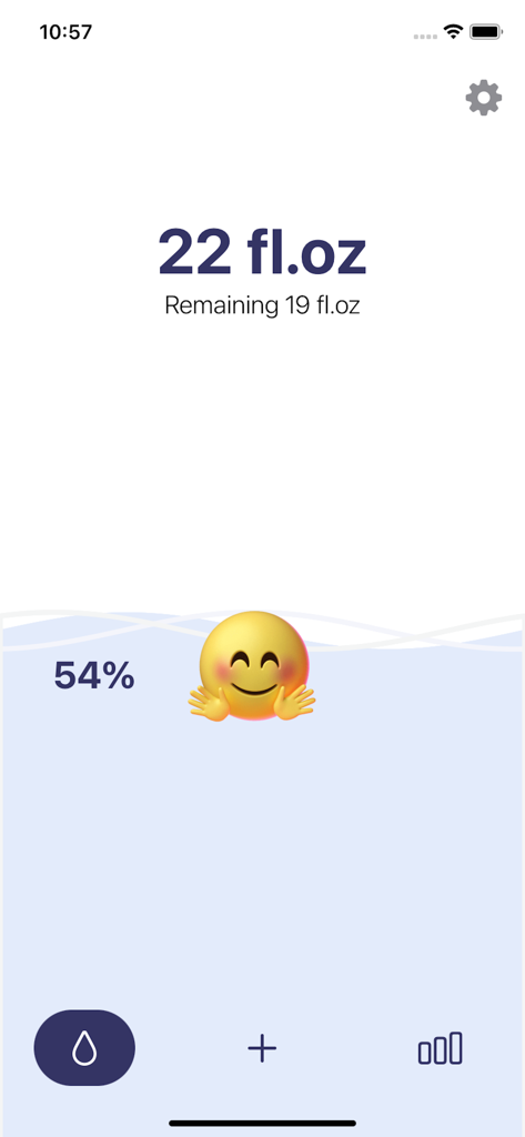 A clean visual interface of the Water Reminder app showing fifty four percent daily hydration progress with a happy emoji