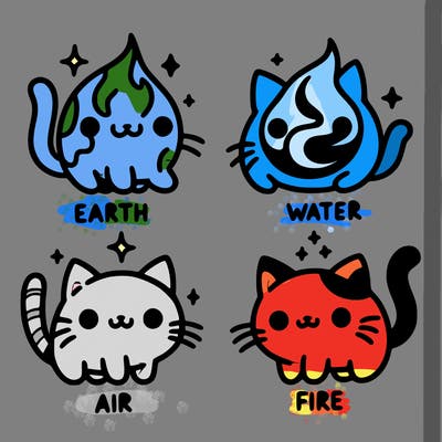 4 cats that represent the different elements, earth, water, air, and fire