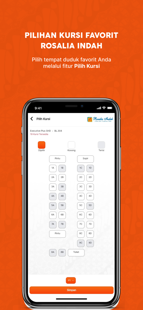 座席の選択と予約のためのバスの座席マップを表示するRosalia Indahモバイルアプリ画面