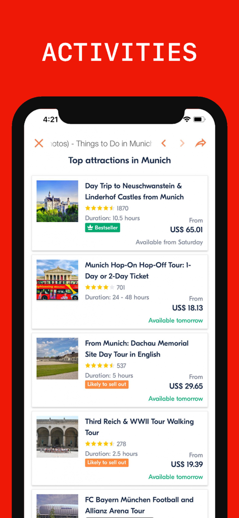 Munich Travel Guide 앱에 가격과 평점이 포함된 인기 명소 및 가이드 투어가 표시됨