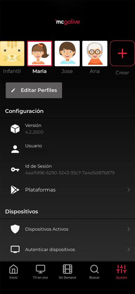 Pantalla de configuración de la aplicación MC GO LIVE que muestra la selección de perfiles de usuario y las opciones de configuración de la cuenta.