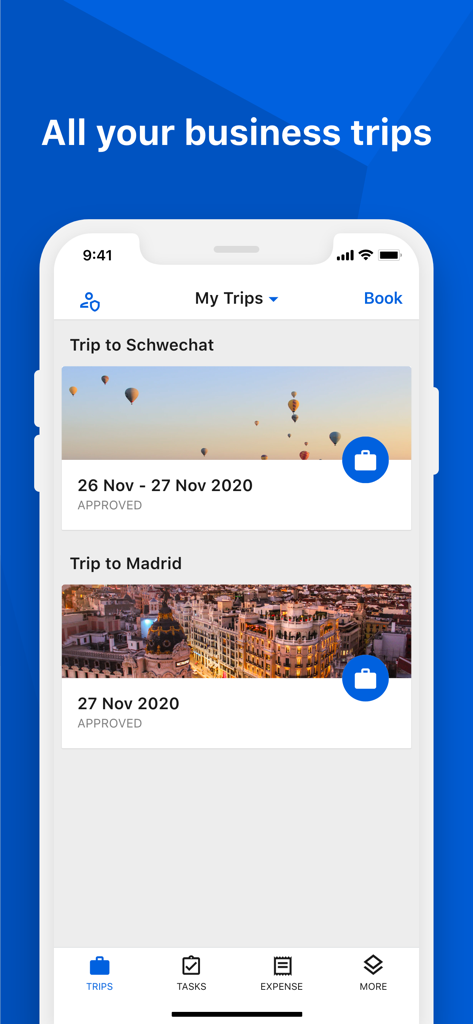 cytric Mobile - Interface of the cytric Mobile app showing a list of scheduled and approved business trips.