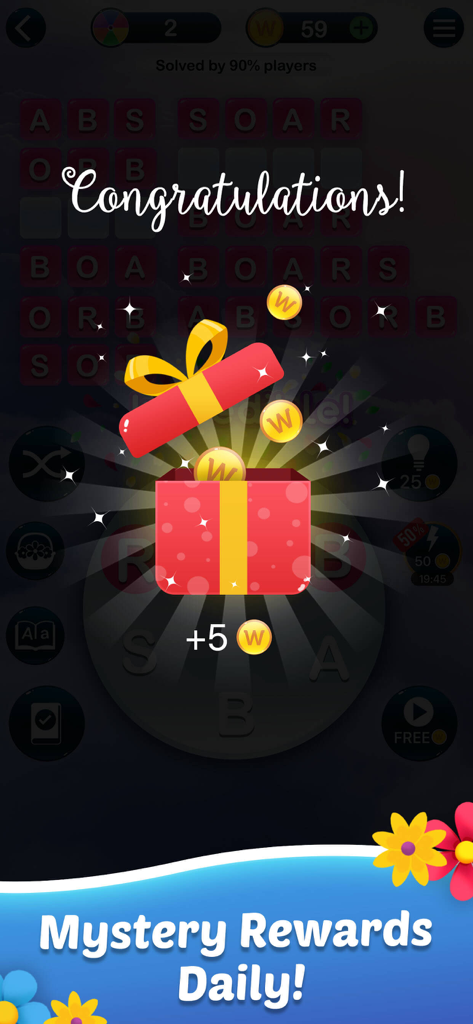 Word Bliss - from PlaySimple - Word Bliss game screenshot showing a daily mystery reward screen with an opened gift box and bonus coins