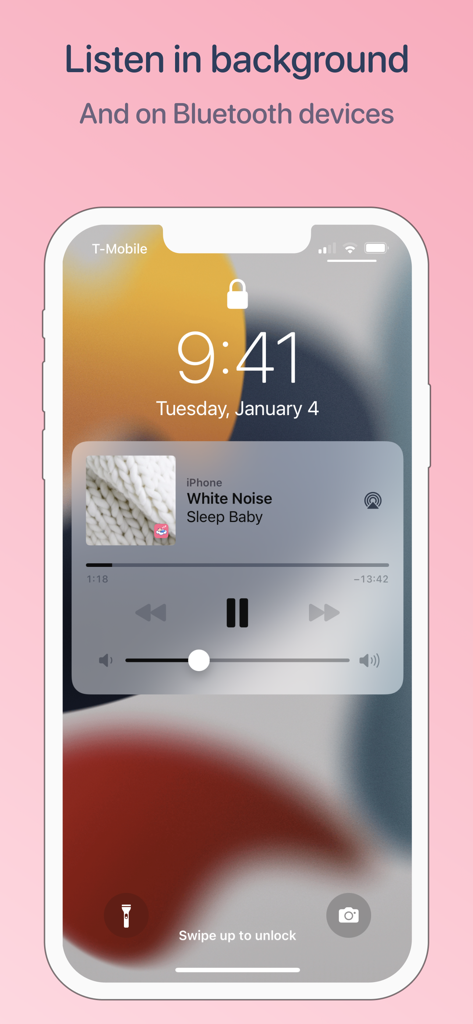 White noise generator, pink - iPhone lock screen showing white noise background playback with Bluetooth support