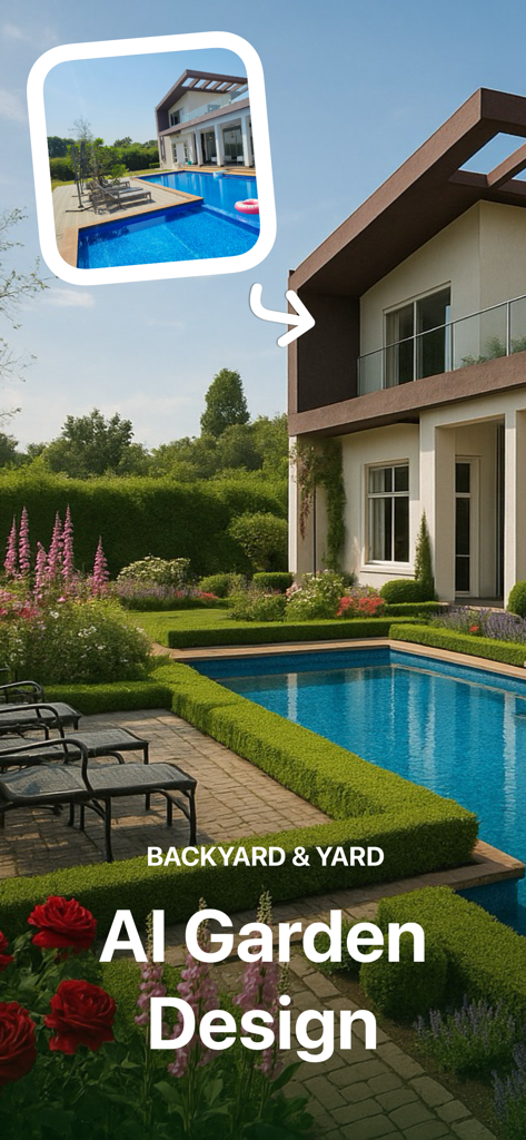 Before and after comparison of a luxury backyard pool transformed with AI landscape design