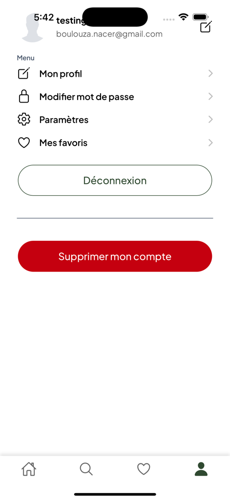 Duks Maps - Menü für Benutzereinstellungen in der Duks Maps App mit Optionen für Profil, Passwort und Favoriten