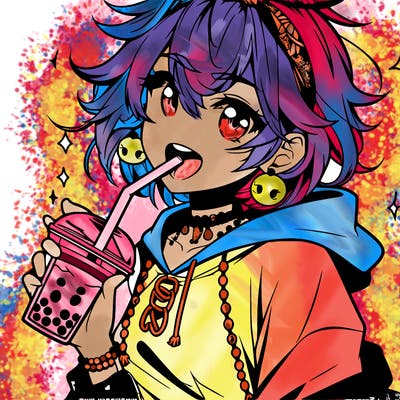 hot baddie anime girl drinking boba and biting the straw