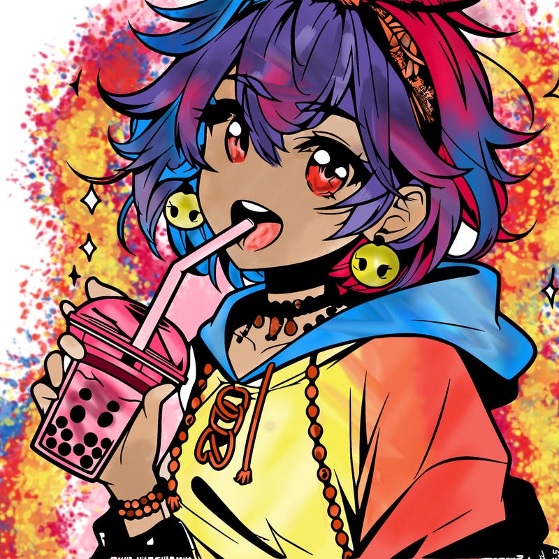 hot baddie anime girl drinking boba and biting the straw