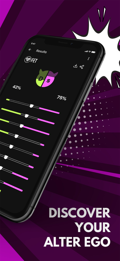 A smartphone showing BDSM personality test results on the FET dating app with the caption Discover your alter ego