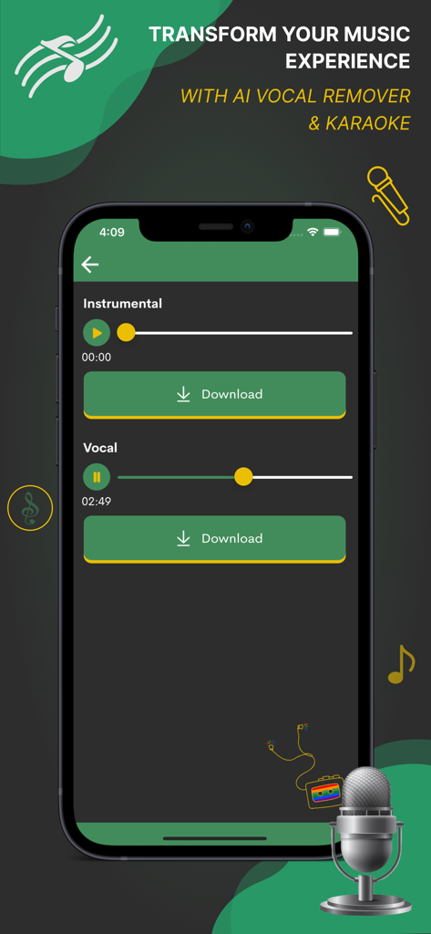 ボーカルリムーバーアプリで、インストゥルメンタルおよびボーカルオーディオトラックの個別のダウンロードオプションを表示するスマートフォンの画面