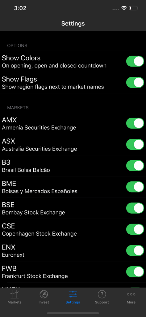 The settings screen of the Stock Market Hours app showing a list of global stock markets with toggle switches