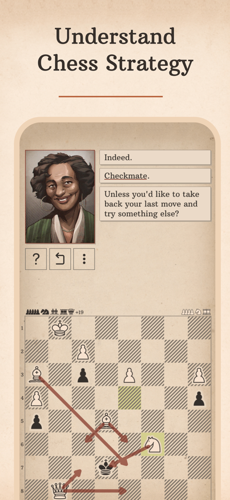 Interface of Learn Chess with Dr. Wolf showing a chess strategy lesson with a female coach and tactical board analysis