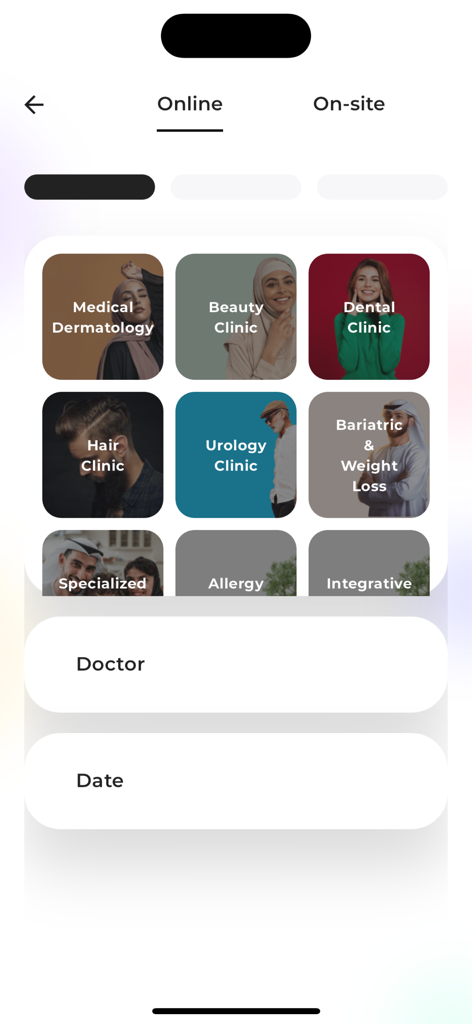 Novomed Centers - Mobile app screen showing various clinic categories for online and onsite healthcare appointments